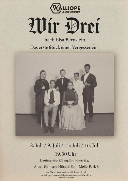 Poster zu "Wir drei". Es sind der Titel, ein Ensemblefoto und weitere Informationen zu den Aufführungen zu sehen.