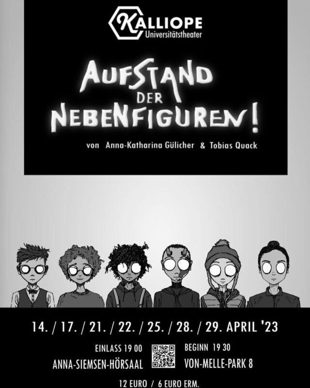 Und hier ist nun endlich auch das Poster für unser zweites Projekt dieses Semester, „Aufstand der Nebenfiguren“! 🥳👏🏼
-------

Aufstand der Nebenfiguren
14./17./21./22./25./28./29. April
Anna-Siemsen-Hörsaal, Von-Melle-Park 8
Einlass: 19 Uhr, Start: 19:30 Uhr 
12 € / 6 € erm.

------- 
#KalliopeUniversitaetstheater #theater #uhh #unihamburg #universitaethamburg #kalliope #unitheater #universitaetstheater #hamburg #theaterinhammburg #kulturinhamburg #maxfrisch #diechinesichemauer #aufstanddernebenfiguren